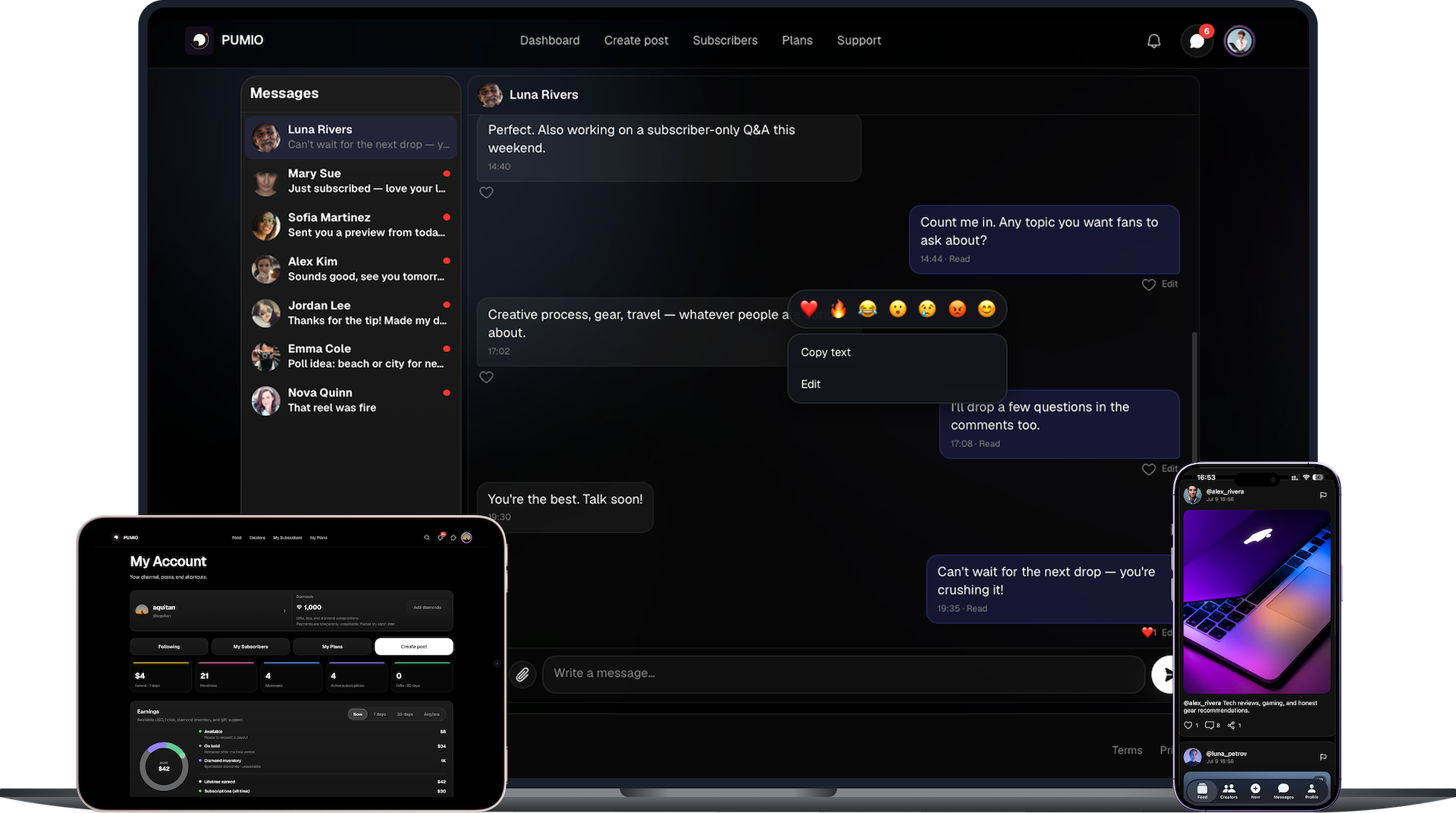 PUMIO Creator Studio, messaging, and subscriber feed on desktop and mobile